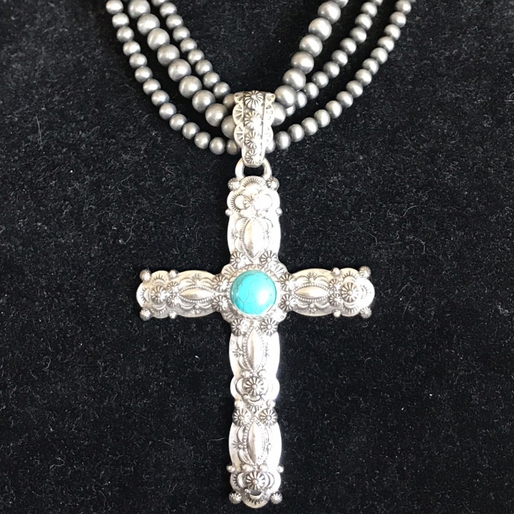 Faux Silver Beaded 3 strand Necklace with Large Cross Pendent with Turquiose